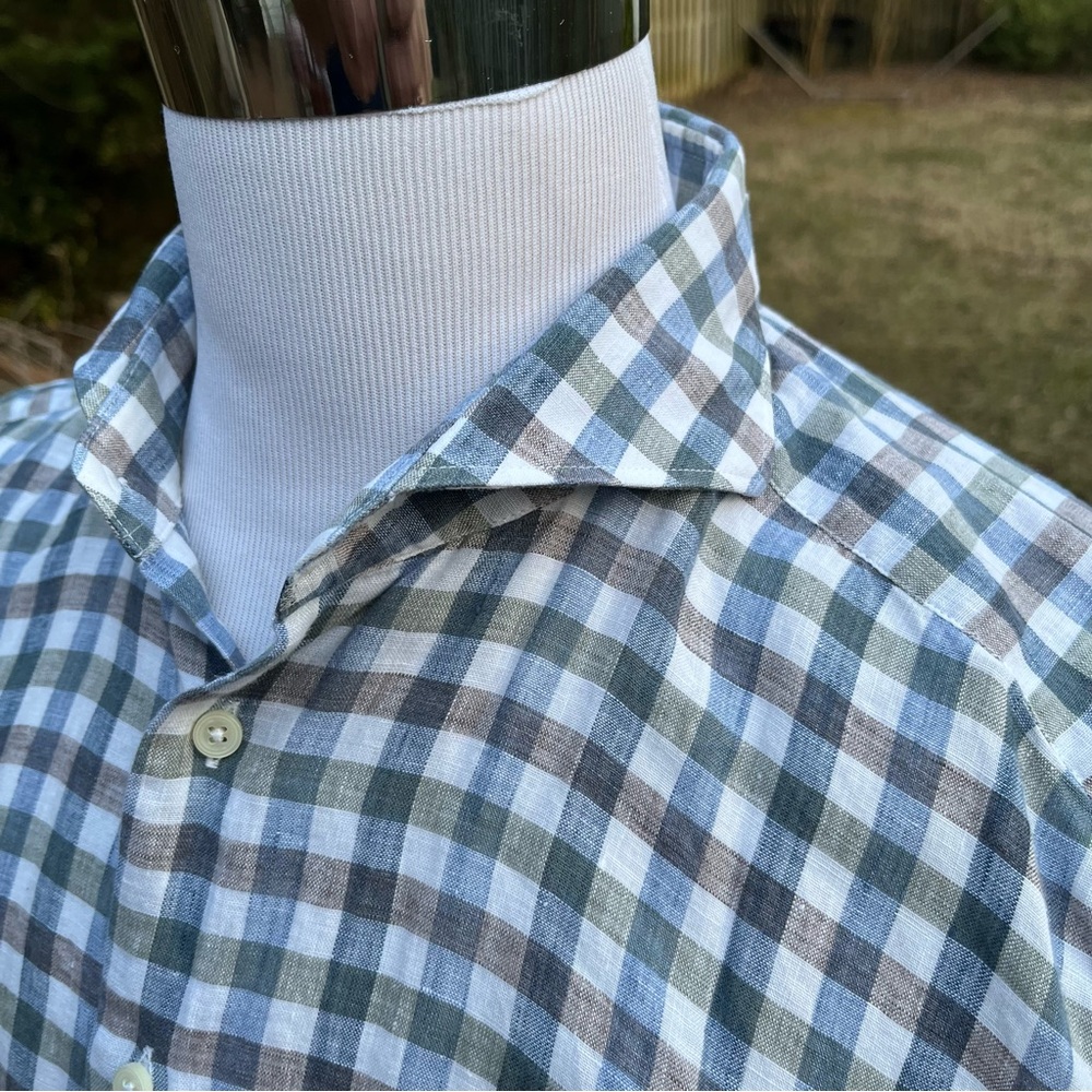 Suitsupply LINEN Check 16/41 Long Sleeve Shirt Cutaway Collar Loose Airy - Picture 3 of 5